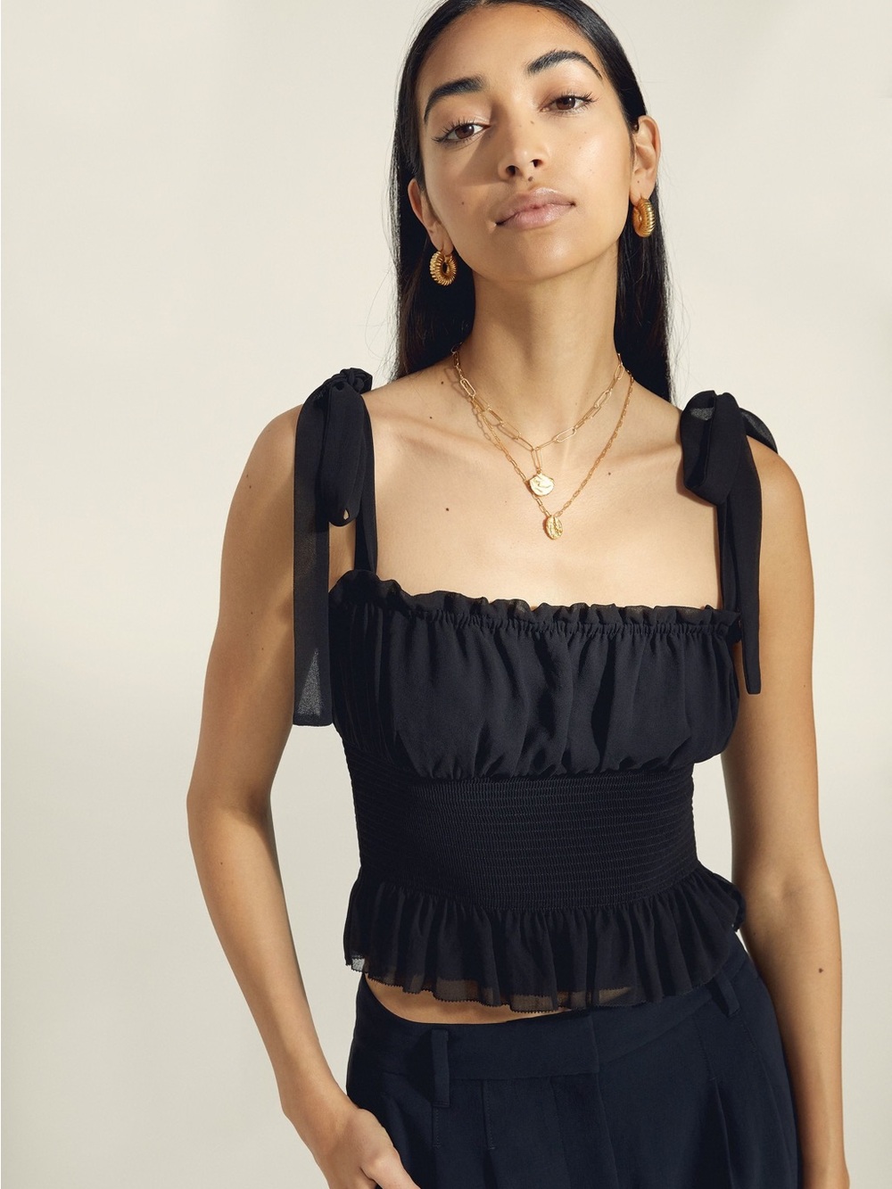 Aritzia Black Ruffle Tie-Strap Smocked Camisole